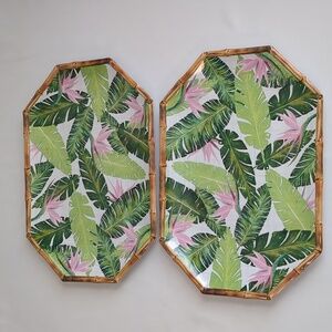 Tommy Bahama Set Of 2 Palm Leaves & Birds Of Paradise Melamine 16" Tray Platter